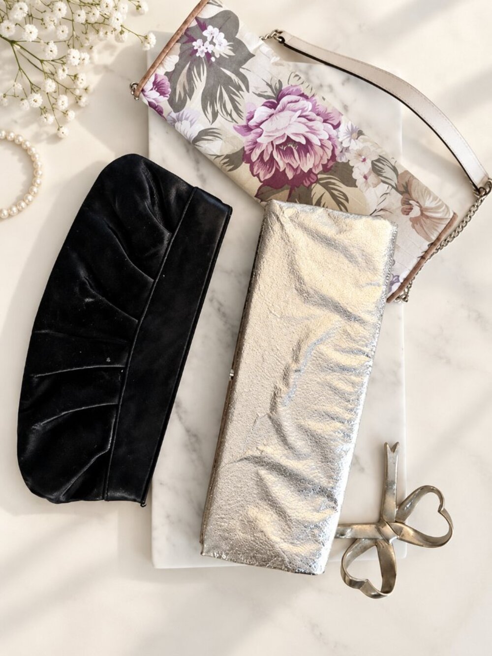 3 Evening Purses – Floral clutch purse, Black satin clutch, Metallic clutch bags